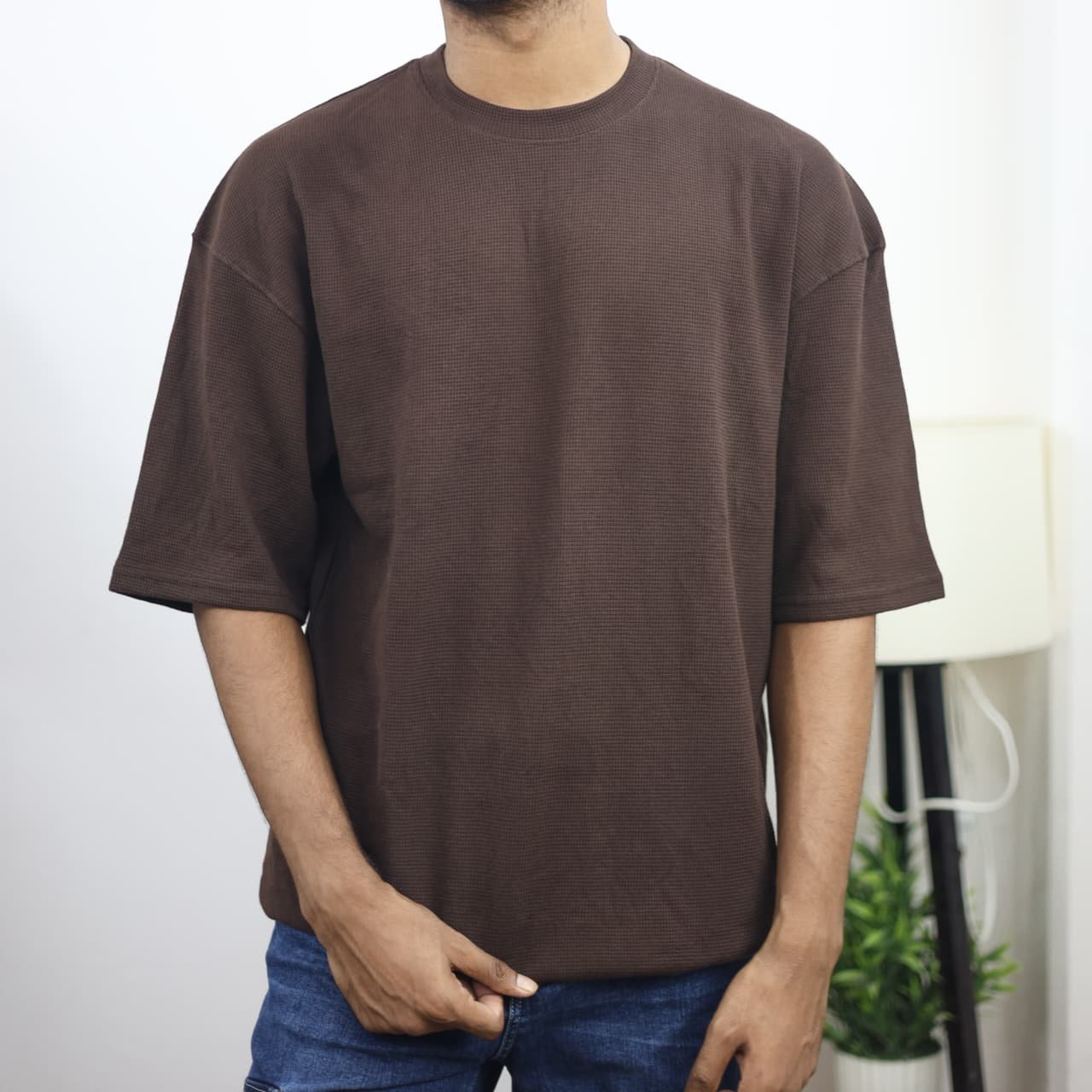 Waffle Drop Shoulder T-Shirt - Dark-brown