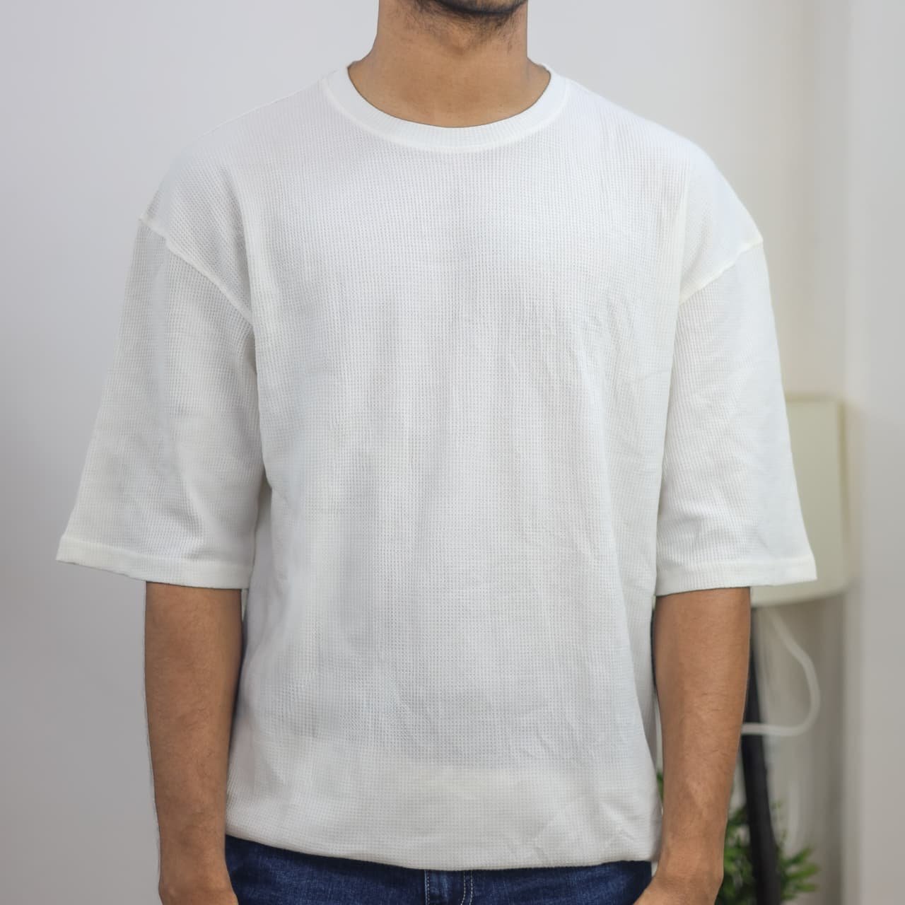 Waffle Drop Shoulder T-Shirt - White