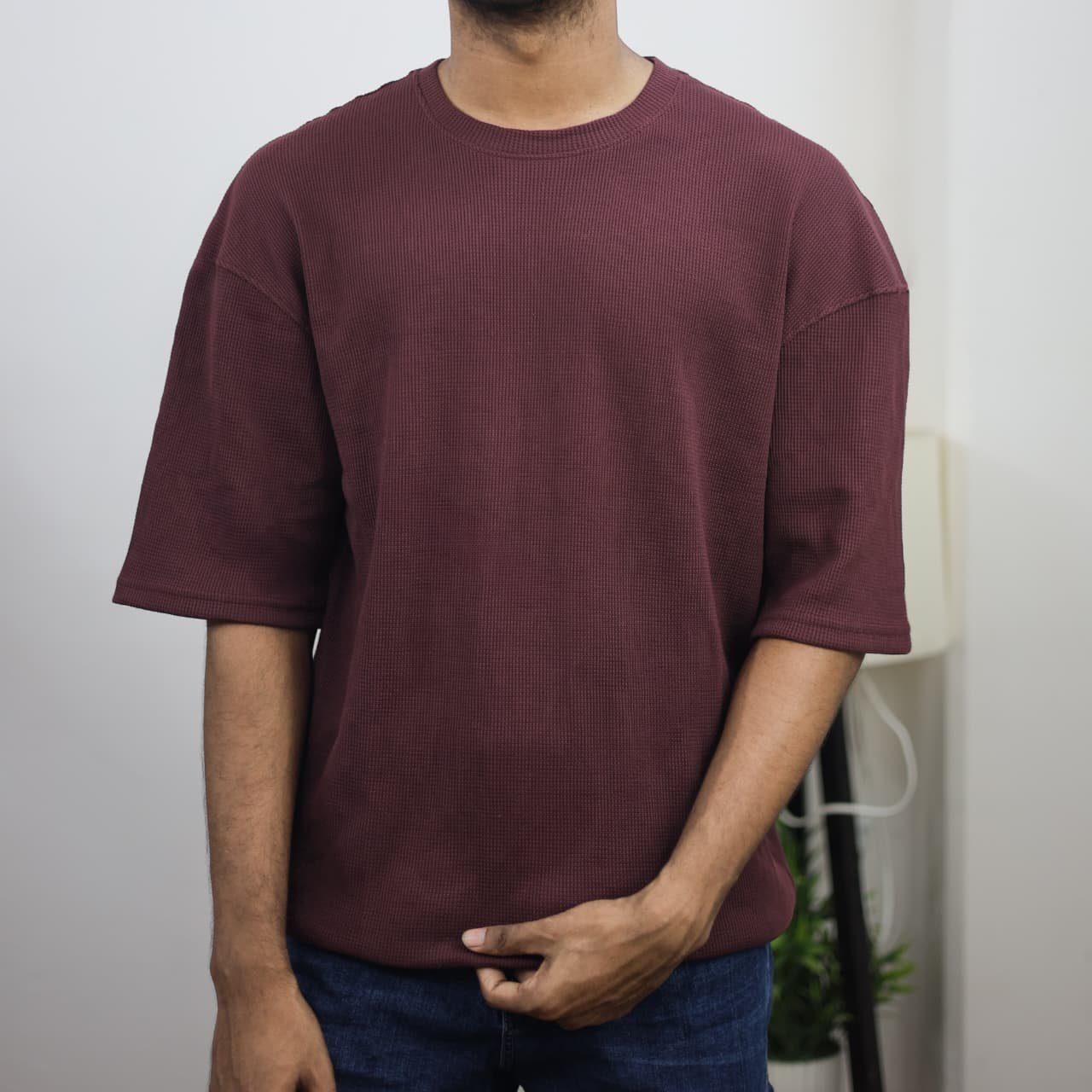 Waffle Drop Shoulder T-Shirt - Maroon