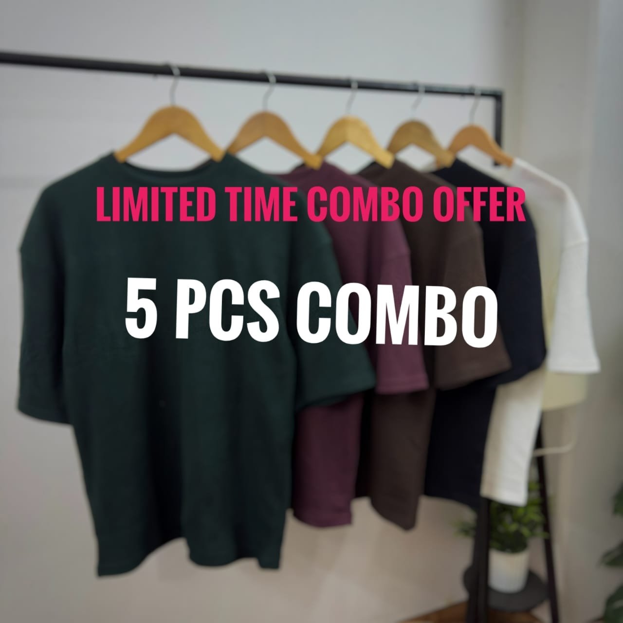 5 Pieces Combo - Waffle Drop Shoulder T-Shirt