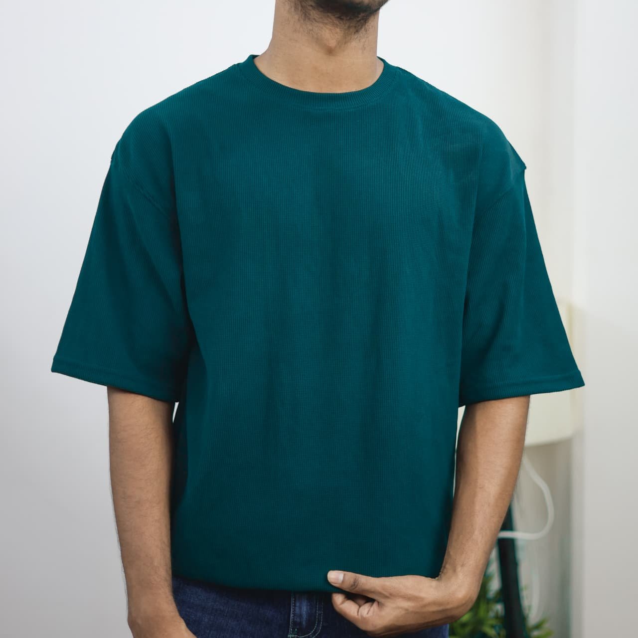 Waffle Drop Shoulder T-Shirt - Light-green